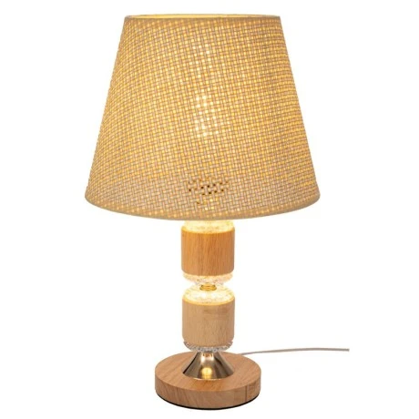 NATURAL WOODEN LAMP WITH WICKER CRΘME HAT AND EXTRA LIGHTING AT THE BASE 40CM