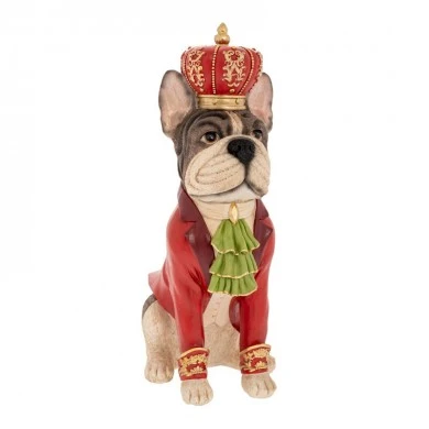 XMAS WHITE RESIN SITTING DOG FIGURE WEARING RED CROWN AND COSTUME 22,5X15X37,5CM