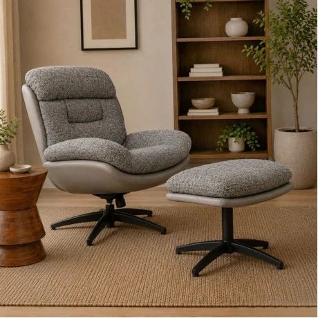 ROUND SWIVEL ARMCHAIR WITH GRAY CUSHION AND FOOTSTOOL 90Χ80Χ100  44X50X45CM