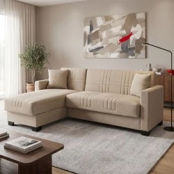 Corner sofa bed reversible with storage space Stashio pakoworld cream fabric 202x143x84cm