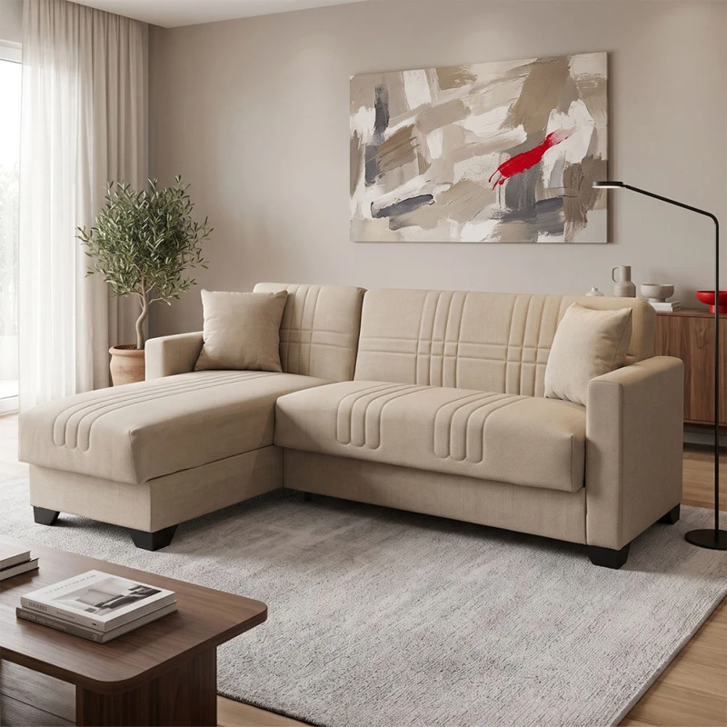 Corner sofa bed reversible with storage space Stashio pakoworld cream fabric 202x143x84cm