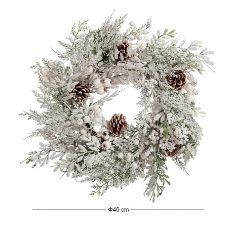 SNOWY WREATH WITH WHITE BERRIES AND PINE CONES 40CM
