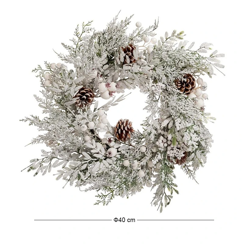 SNOWY WREATH WITH WHITE BERRIES AND PINE CONES 40CM