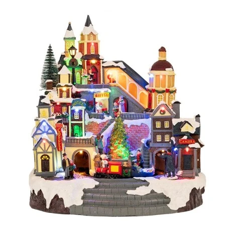 XMAS LIGHTED VILLAGE WITH ANIMATED TRAIN INCLUDING  ADAPTOR 33X30X37CM
