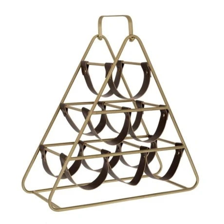 GOLD METAL WIINE RACK WITH 6 LEATHER CASES 45X18X43CM