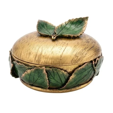 GOLD RESIN EMBOSSED GREEN LEAF TRINKET BOX D12X8CM