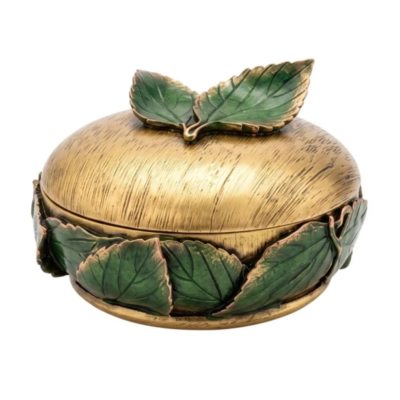 GOLD RESIN EMBOSSED GREEN LEAF TRINKET BOX D12X8CM