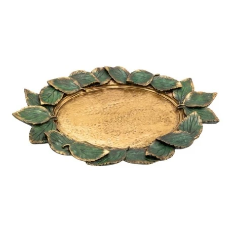 GOLD RESIN PLATTER WITH EMBOSSED GREEN LEAVES 32X19X2,5CM