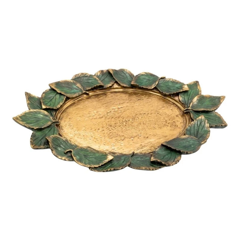 GOLD RESIN PLATTER WITH EMBOSSED GREEN LEAVES 32X19X2,5CM