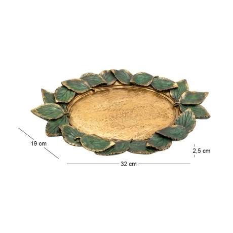 GOLD RESIN PLATTER WITH EMBOSSED GREEN LEAVES 32X19X2,5CM