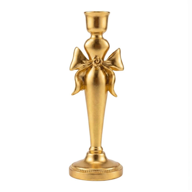 GOLD RESIN CANDLEHOLDER WITH BOW D9X25CM