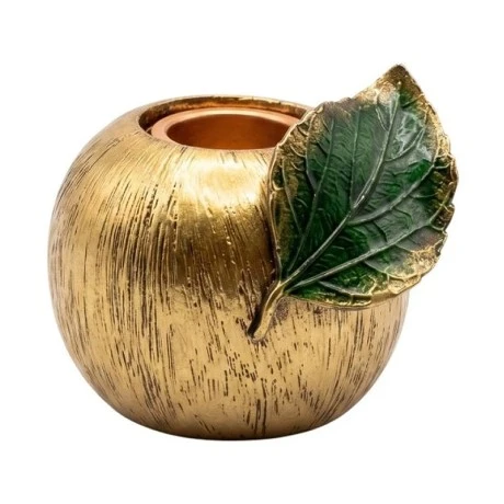 GOLD RESIN GREEN LEAF EMBOSSED CANDLEHOLDER 7X6X6CM