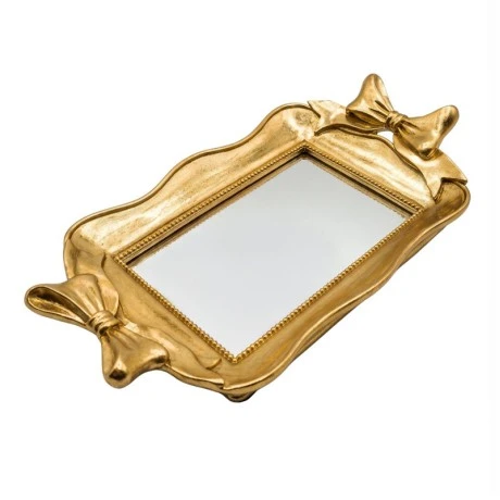 GOLD RESIN TRAY WITH BOWS AND MIRROR 31X17X5,5CM