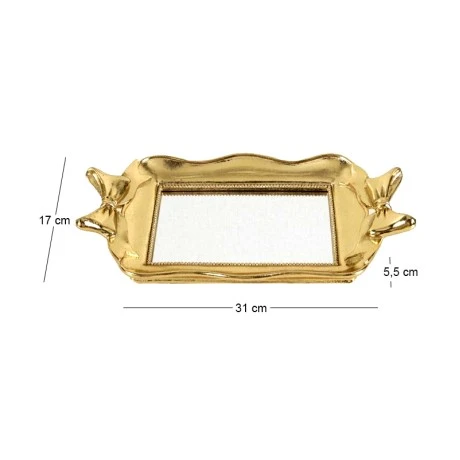 GOLD RESIN TRAY WITH BOWS AND MIRROR 31X17X5,5CM