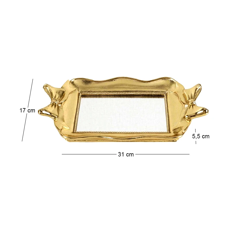 GOLD RESIN TRAY WITH BOWS AND MIRROR 31X17X5,5CM