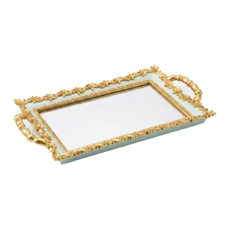 GOLD  MINT GREEN RESIN MIRROR TRAY 37x22x4 CM