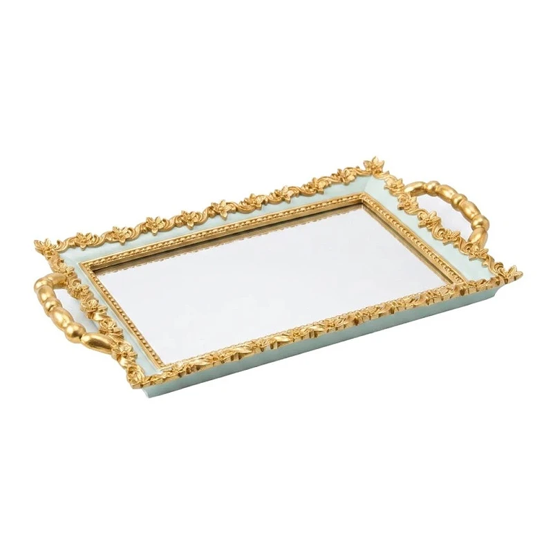 GOLD  MINT GREEN RESIN MIRROR TRAY 37x22x4 CM
