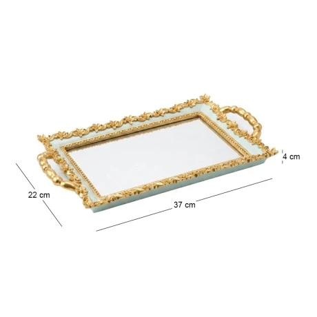 GOLD  MINT GREEN RESIN MIRROR TRAY 37x22x4 CM