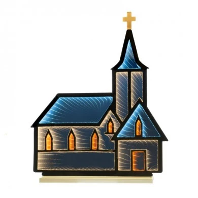 60CM INFINITY LIGHT CHURCH WITH WOODEN BASE  DOUBLE FACE ILUMINATED FROM BOTH SIDES WITH EUROPEAN PLUG