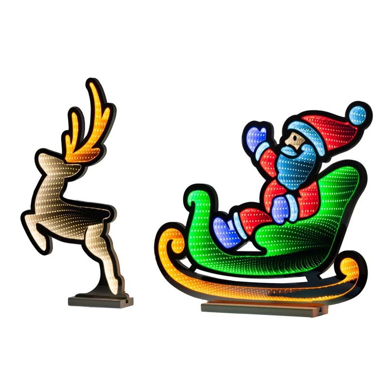100CM INFINITY CHRISTMAS SLEIGH WITH SANTA AND DEER WITH WOODEN BASE  DOUBLE FACE ILUMINATED FROM BOTH SIDES WITH EUROPEAN PLUG