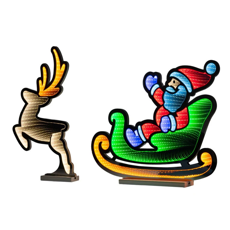 75CM INFINITY CHRISTMAS SLEIGH WITH SANTA AND DEER WITH WOODEN BASE  DOUBLE FACE ILUMINATED FROM BOTH SIDES WITH EUROPEAN PLUG