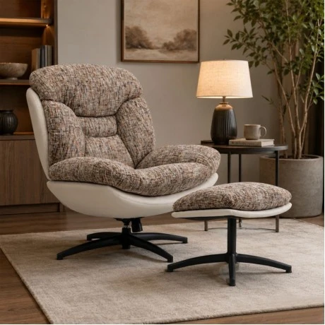 ROUND SWIVEL ARMCHAIR WITH LIGHT GRAY CUSHION AND FOOTSTOOL 90Χ80Χ100  44X50X45CM