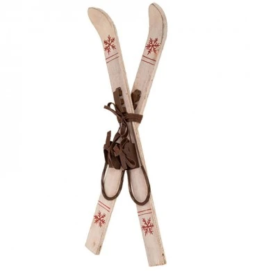 BROWN WOODEN ANTIQUE SKIS AND POLES 25X7X57CM