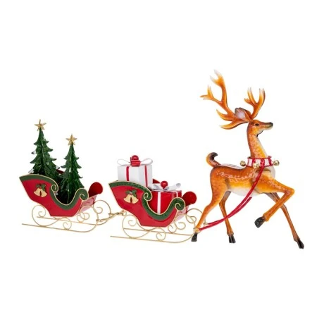 XMAS BROWN METAL REINDEER WITH TWO RED METAL SLEIGHS WITH GIFTS AND SMALL TREES 95X13X54CM