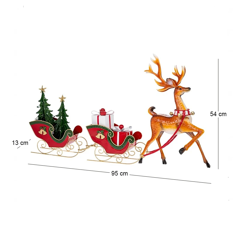 XMAS BROWN METAL REINDEER WITH TWO RED METAL SLEIGHS WITH GIFTS AND SMALL TREES 95X13X54CM