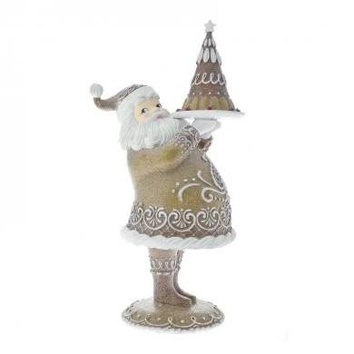 XMAS BROWN RESIN GINGERBREAD SANTA HOLDING A CAKE 22X17X42CM