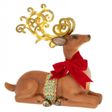 XMAS BROWN RESIN SITTING DEER WITH RED BOW AND LED LIGHT ON ANTLERS 40X16X38CM