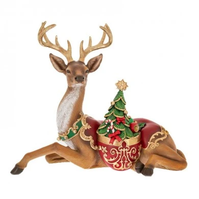 XMAS BROWN RESIN SITTING DEER WITH GREEN TREE 81X38,5X66CM