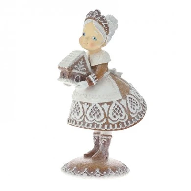 XMAS BROWN RESIN OLD LADY HOLDING A GINGERBREAD HOUSE 21X17X33CM