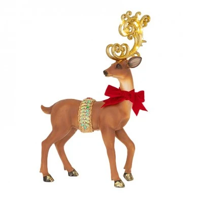 XMAS BROWN RESIN STANDING DEER WITH RED BOW AND LED LIGHT ON ANTLERS 45X20X58CM