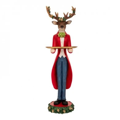 XMAS BROWN RESIN DEER WEARING RED  BLUE COSTUME AND HOLDING A DISK 19X16,5X61CM