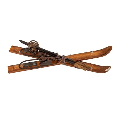 BROWN WOODEN ANTIQUE SKIS AND POLES 7X10X50CM
