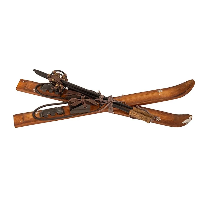 BROWN WOODEN ANTIQUE SKIS AND POLES 7X10X50CM