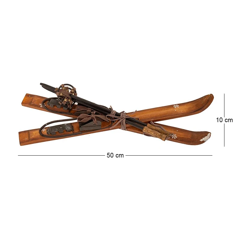 BROWN WOODEN ANTIQUE SKIS AND POLES 7X10X50CM