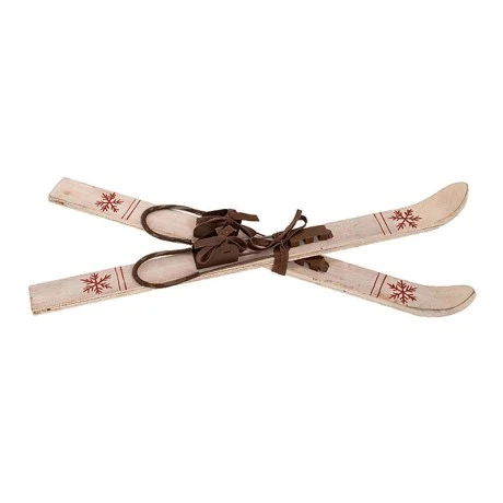 BROWN WOODEN ANTIQUE SKIS AND POLES 25X7X57CM