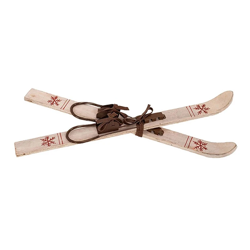 BROWN WOODEN ANTIQUE SKIS AND POLES 25X7X57CM