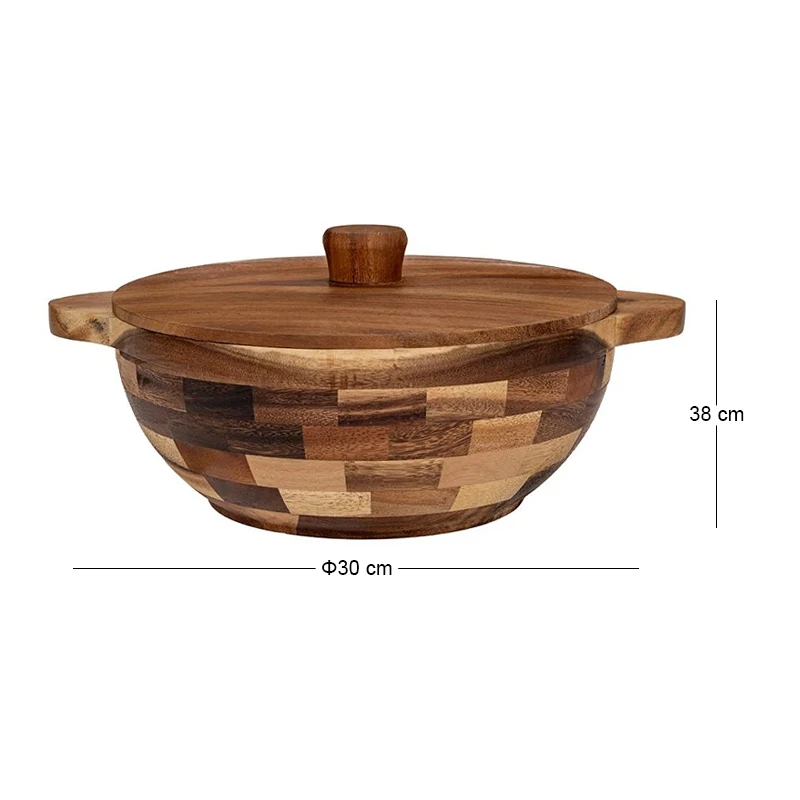 BROWN WOODEN ROUND BOWL WITH LID D30X38CM