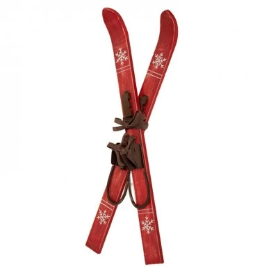 RED WOODEN ANTIQUE SKIS AND POLES 25X7X57CM