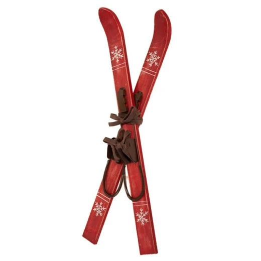 RED WOODEN ANTIQUE SKIS AND POLES 25X7X57CM