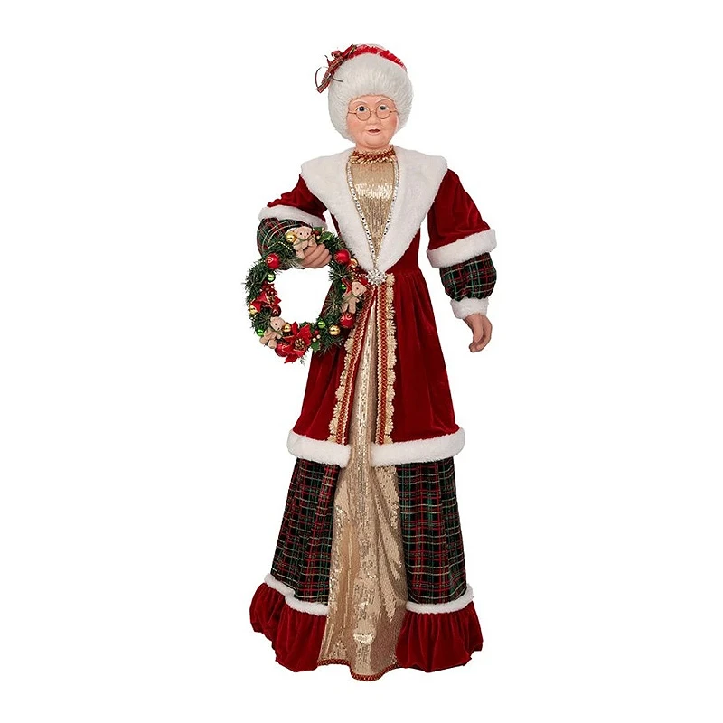 XMAS MRS SANTA IN RED GOLD COLOR HOLDING A WREATH 150CM