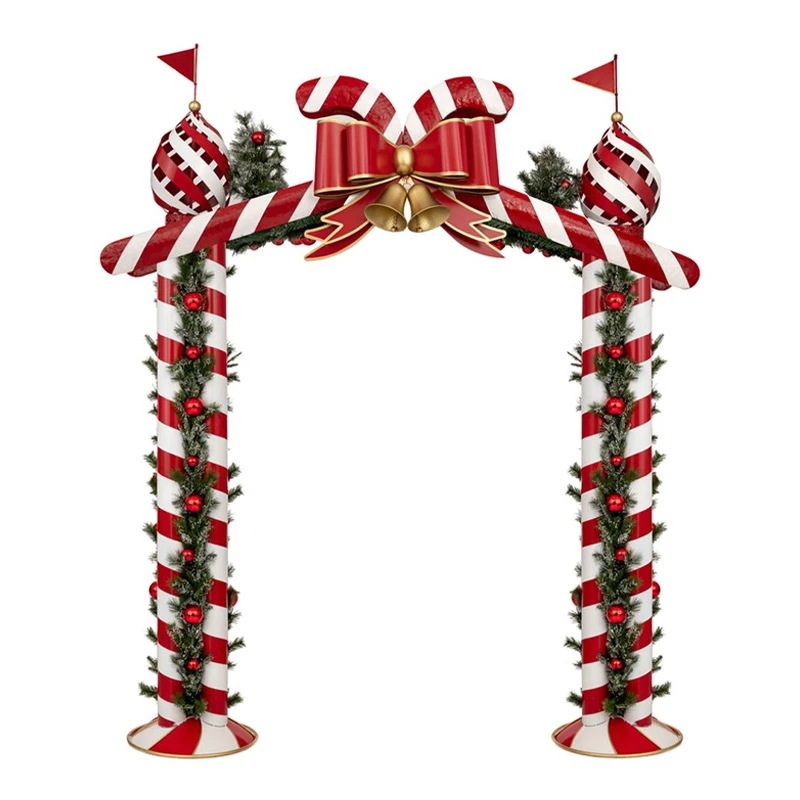 RED WITH WHITE STRIPES CHRISTMAS SQUARE ARCH WITH BOW AND BELLS 242X53X270CM