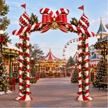 RED WITH WHITE STRIPES CHRISTMAS SQUARE ARCH WITH BOW AND BELLS 242X53X270CM
