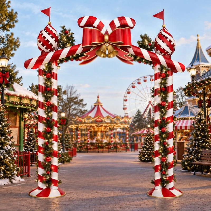 RED WITH WHITE STRIPES CHRISTMAS SQUARE ARCH WITH BOW AND BELLS 242X53X270CM