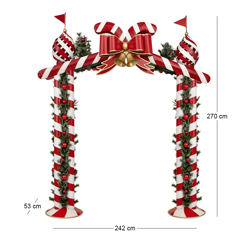 RED WITH WHITE STRIPES CHRISTMAS SQUARE ARCH WITH BOW AND BELLS 242X53X270CM