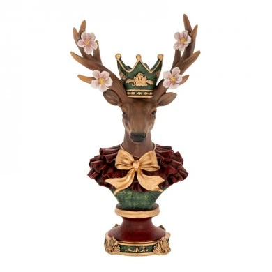 XMAS RED RESIN DEER HEAD BUST WITH FLOWERS ON HORNS 18X12X34CM