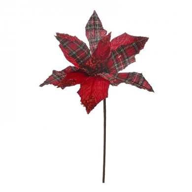 RED PLAID POINSETTIA FLOWER STEM 30X55CM